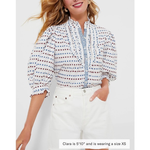 Oliphant Tops - OLIPHANT Ellis Blue Ruffle Front Button Blouse